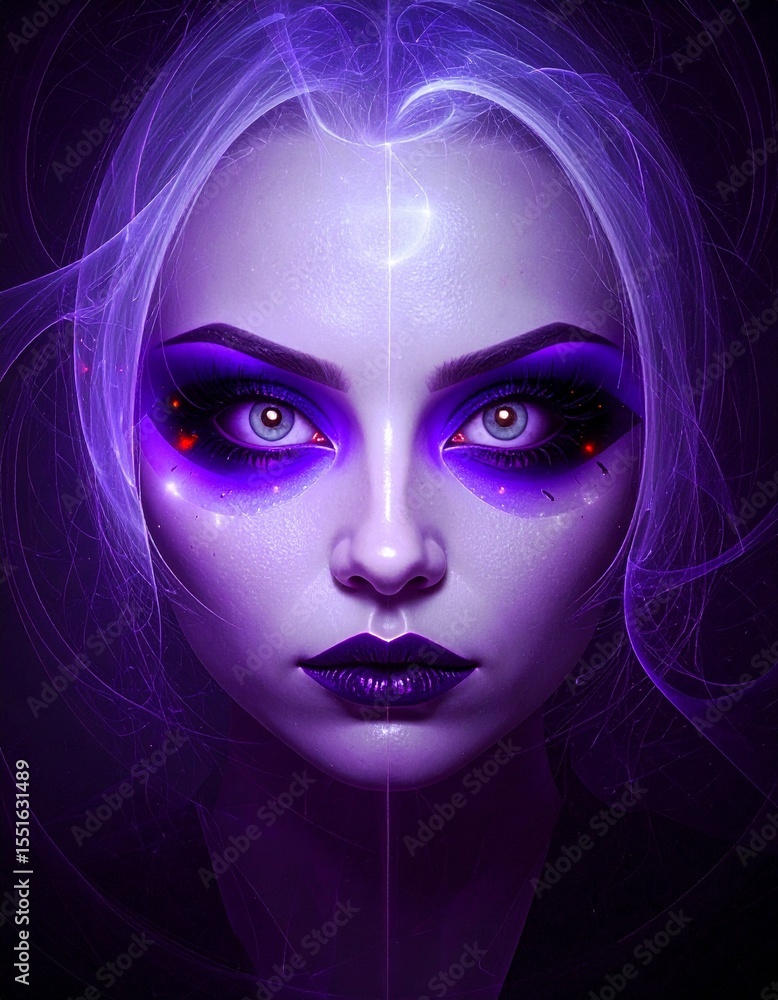A closeup of a womans face with vibrant purple makeup A closeup of a womans face with vibrant purple makeup