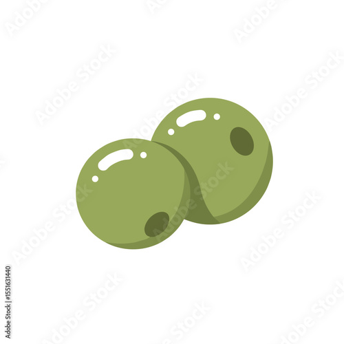 Two glossy green olives one slightly overlapping with visible pits.