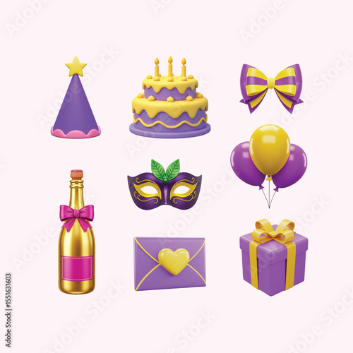 Vibrant Purple and Yellow 3D Birthday Party Icons Festive Celebration Elements for Digital Design