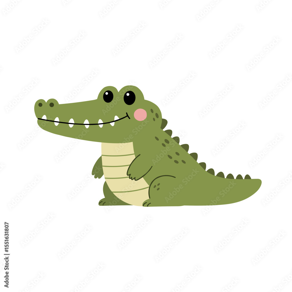 Obraz premium Cartoonish green alligator with pink cheek and small white teeth smiling.