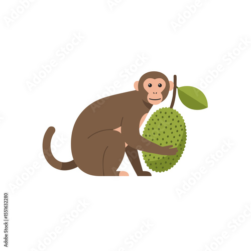 Cartoon monkey embracing a spiky green jackfruit with a single leaf.