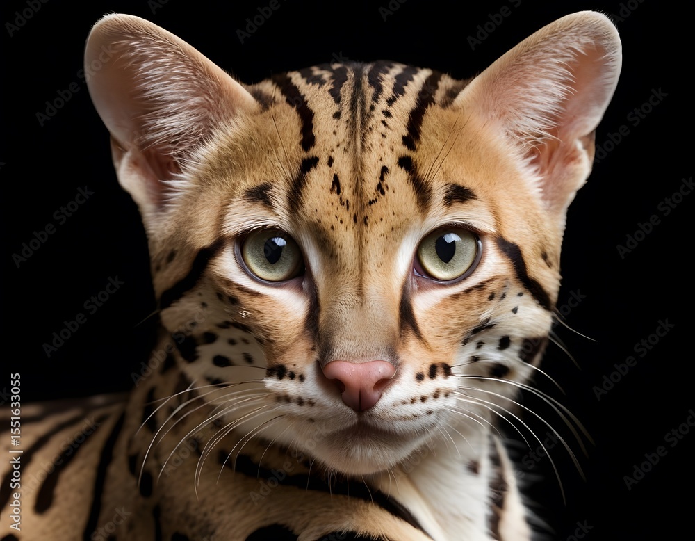 Fototapeta premium Ocelot Close-Up on Black Background. Perfect for wildlife, zoological, educational, and conservation-related visual content.