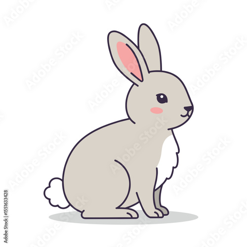 Adorable Grey Rabbit Sitting Profile Cute Cartoon Illustration.