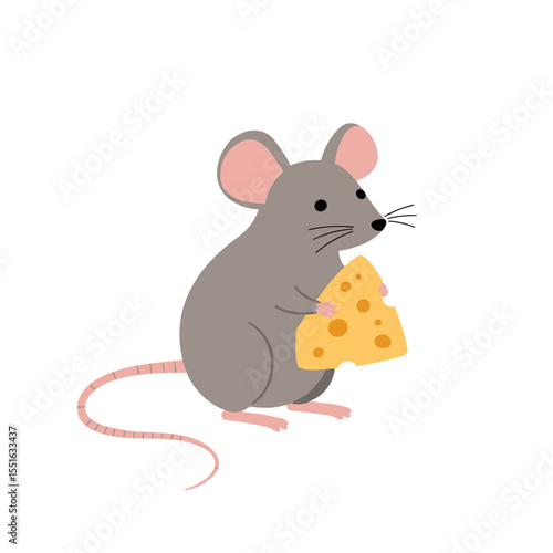 Adorable Grey Mouse Enjoying a Tasty Cheese Wedge.