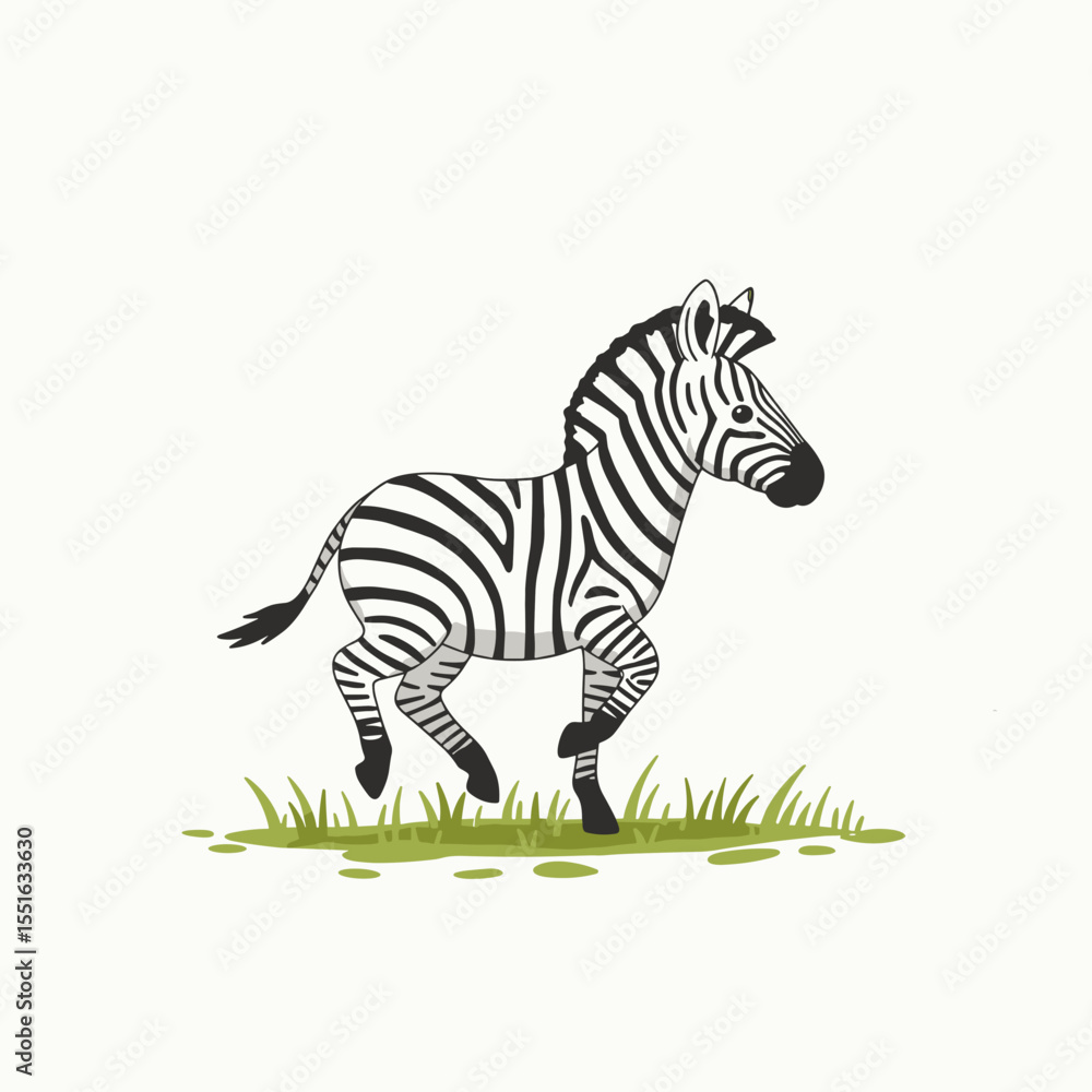 Obraz premium Cartoon Zebra Trotting on Green Grass Patch with Striped Legs.