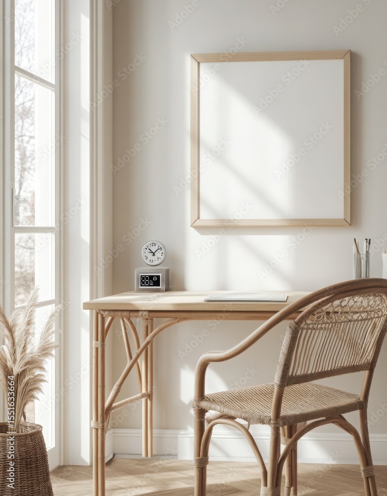Bright Minimalist Home Office With Rattan Chair And Wooden Desk Bright Minimalist Home Office With Rattan Chair And Wooden Desk