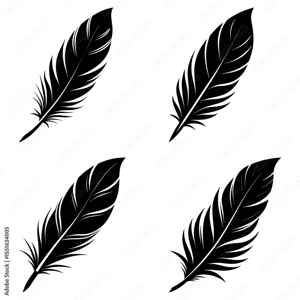 Obraz premium Four black feather silhouettes isolated on white background