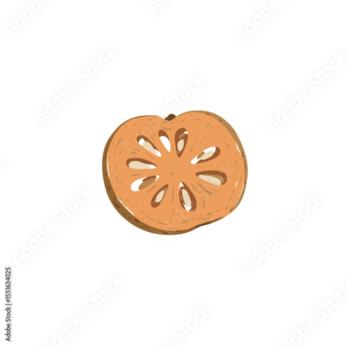 Bael Fruit Slice: Stylized Cross-Section with Seed Cavities and Textured Rind.