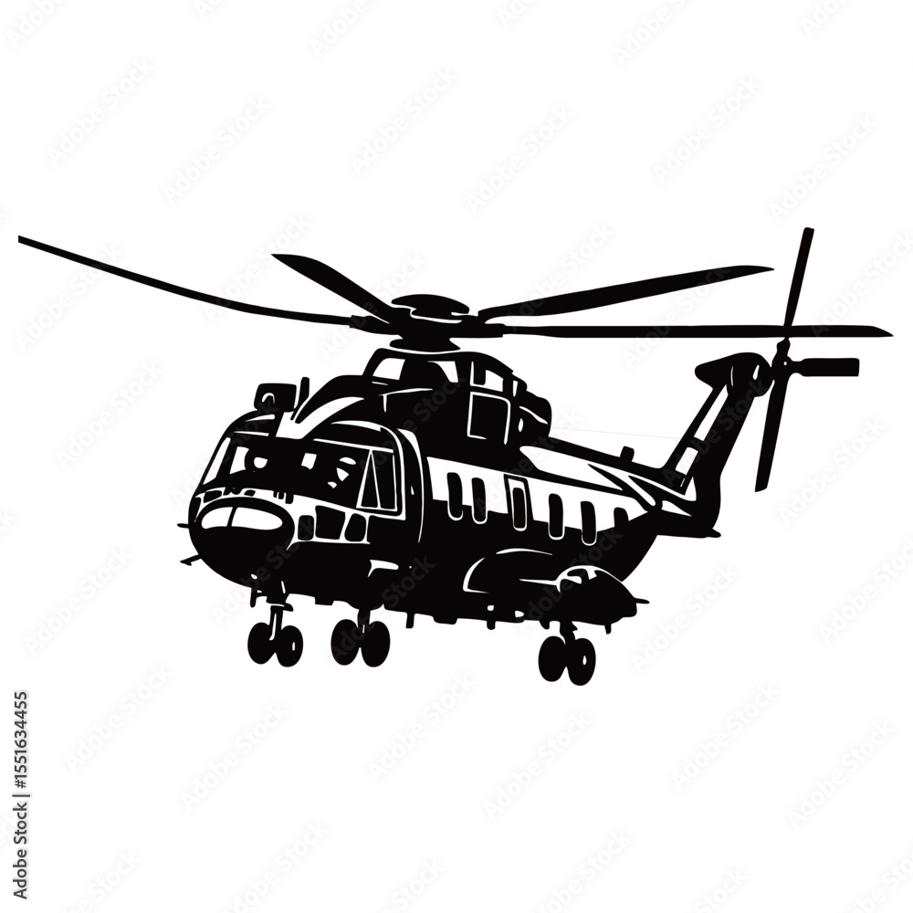 Fototapeta premium Silhouette image of a helicopter on a white background