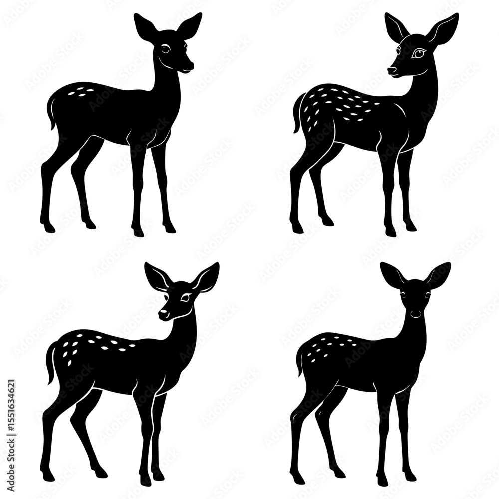Fototapeta premium Four deer silhouettes stand isolated on white background in various poses