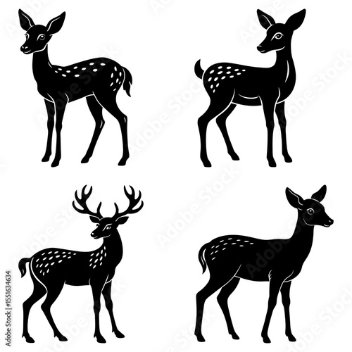 Four deer silhouettes stand isolated on white background in various poses