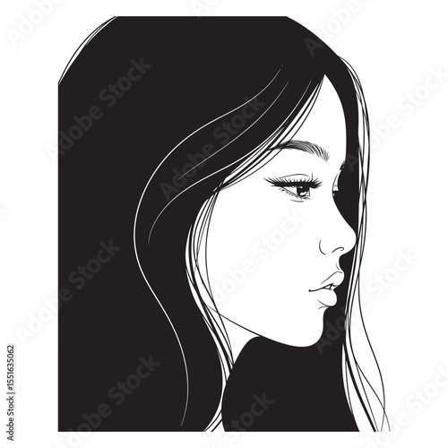 Black and white profile of a woman's face with long hair