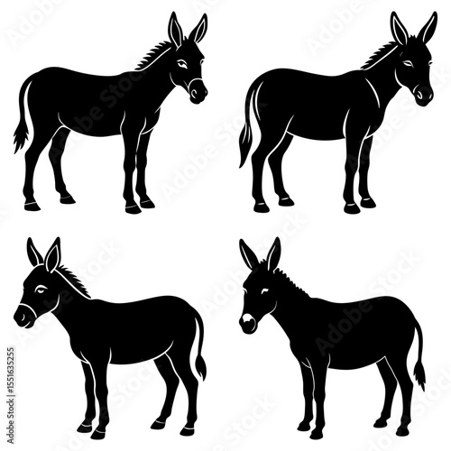 Four donkey silhouettes isolated on white background in simple design