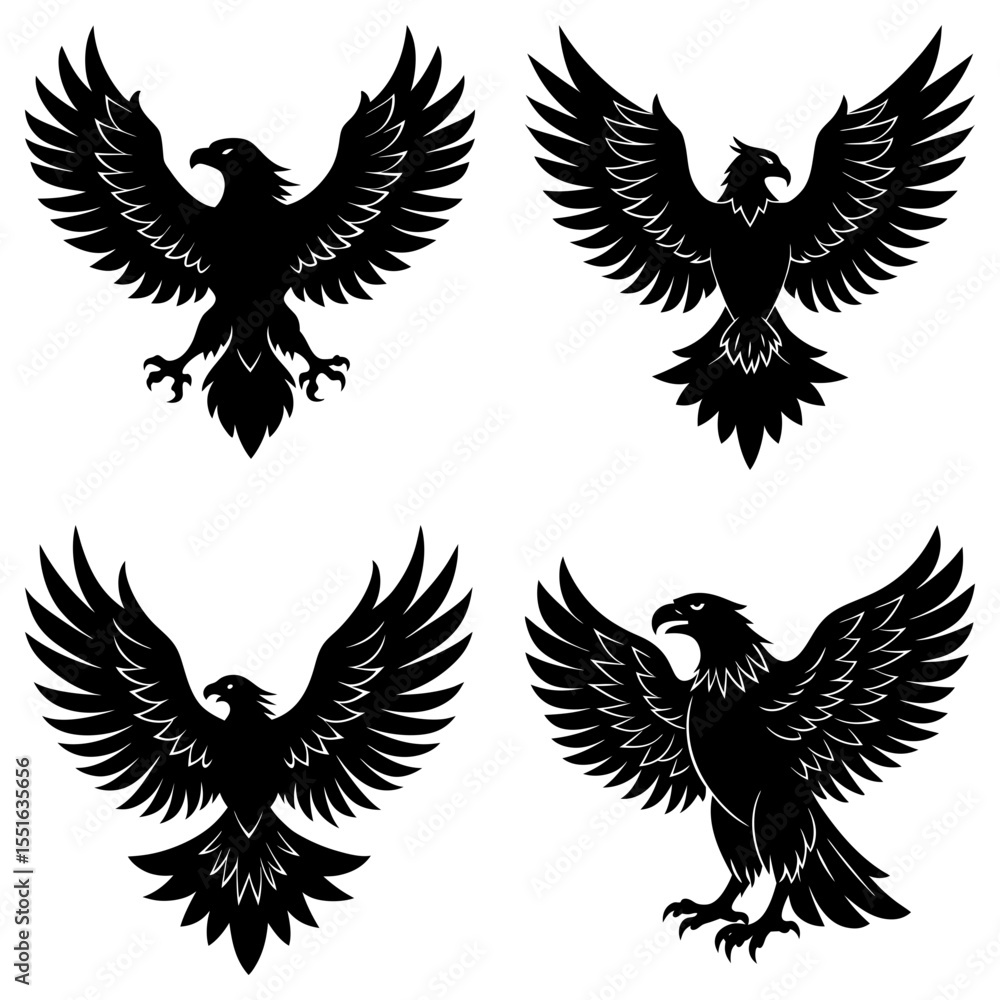 Fototapeta premium Four eagles in black silhouette isolated on white background