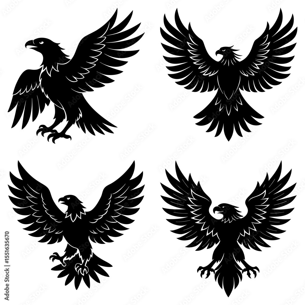 Obraz premium Four eagles in black silhouette isolated on white background