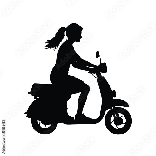 Silhouette of a young woman riding a vintage scooter on white background