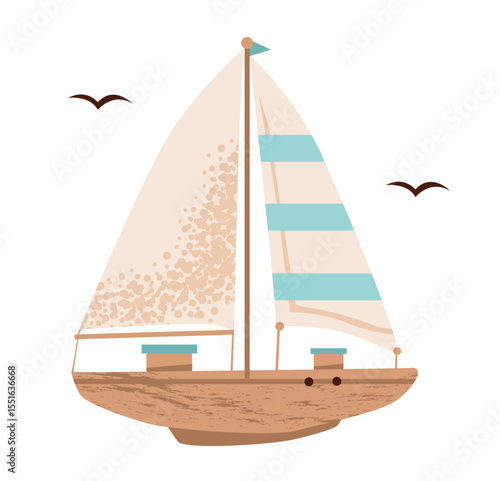 Flat vector illustration of a nautical boat. Ship. Marine journey illustration.