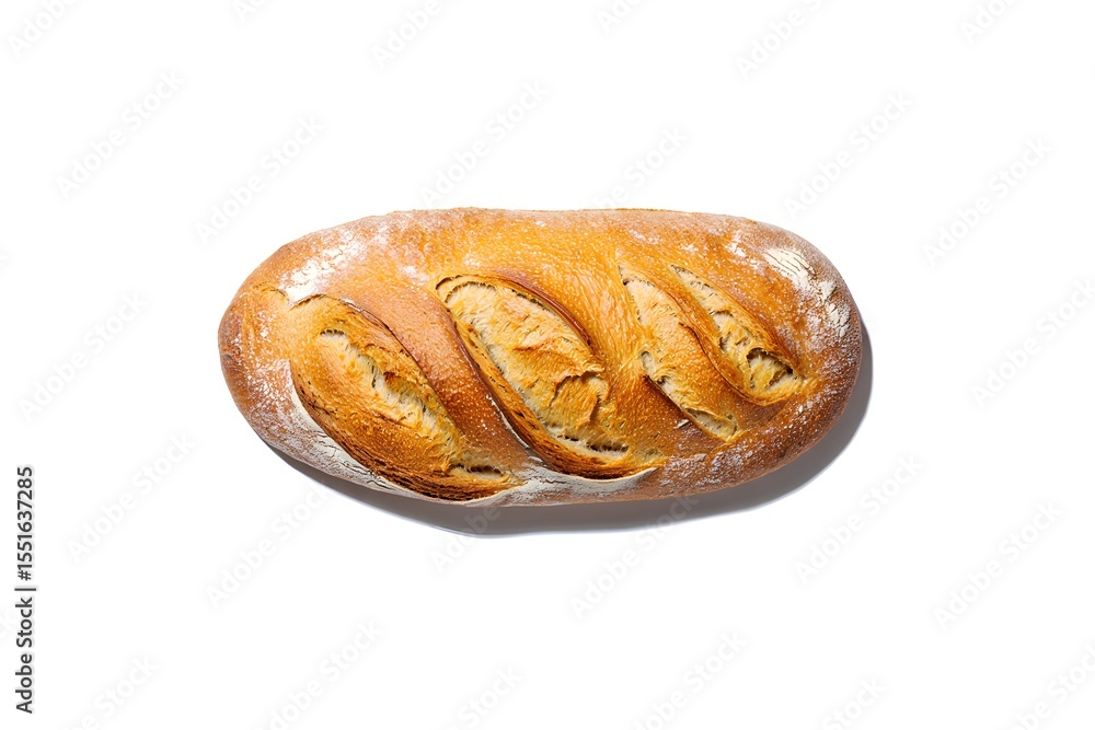 Fototapeta premium Golden brown artisan bread loaf with scoring and dusting of flour on white