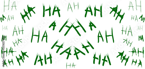 Creative digital art with green "HA" and "AH" text arranged in a symmetrical, kaleidoscopic pattern. Perfect for humor, comedy, or abstract conceptual design themes.