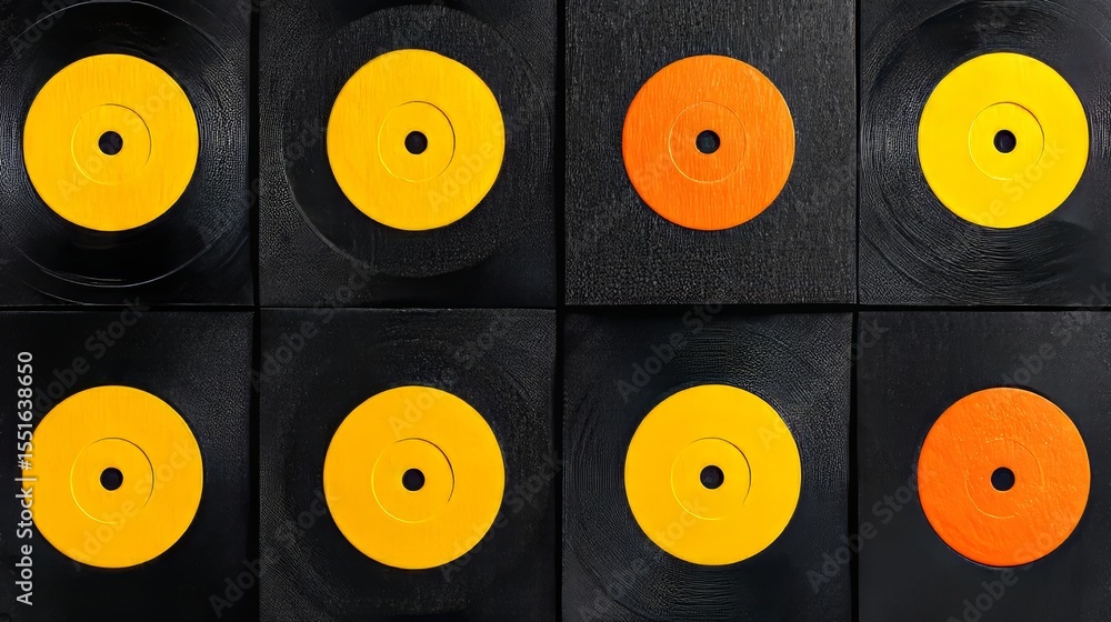 Fototapeta premium Vinyl records stacked high, illuminated by studio lighting, surrounded by a vast music collection, set against a blurred background with a nostalgic design