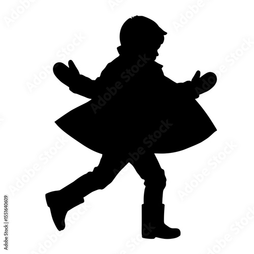 Silhouette of child spinning in jacket and mittens, winter playfulness and warmth