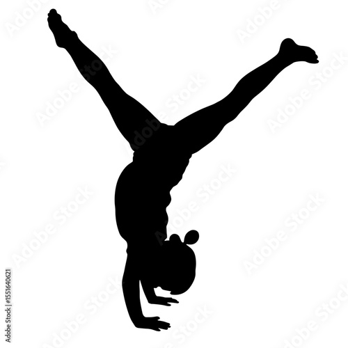 Silhouette of child performing handstand on white background, gymnastic fun
