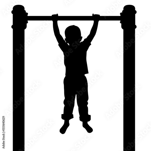 Silhouette of child hanging from monkey bars, outdoor play and exercise