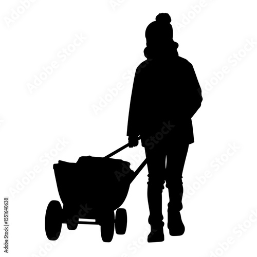 Silhouette of child pulling wagon in fall clothing, outdoor adventure exploration