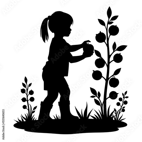 Silhouette of child picking apples, outdoor harvest adventure