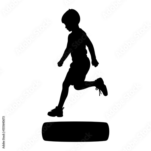 Silhouette of child hopping over tire on white background, active playtime