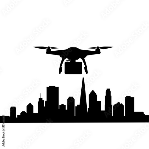 Silhouette of delivery drone carrying parcel over cityscape, future logistics and urban mobility