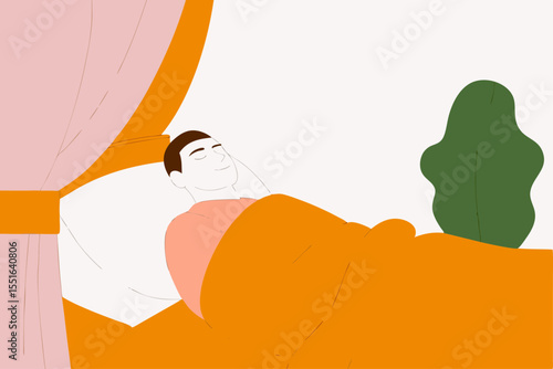 Man sleeping peacefully in bed under an orange blanket at home  