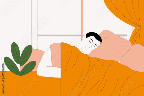 Man sleeping peacefully in orange bedding with indoor plants  