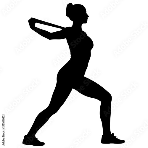 Silhouette of woman exercising with resistance band, fitness strength training on white background