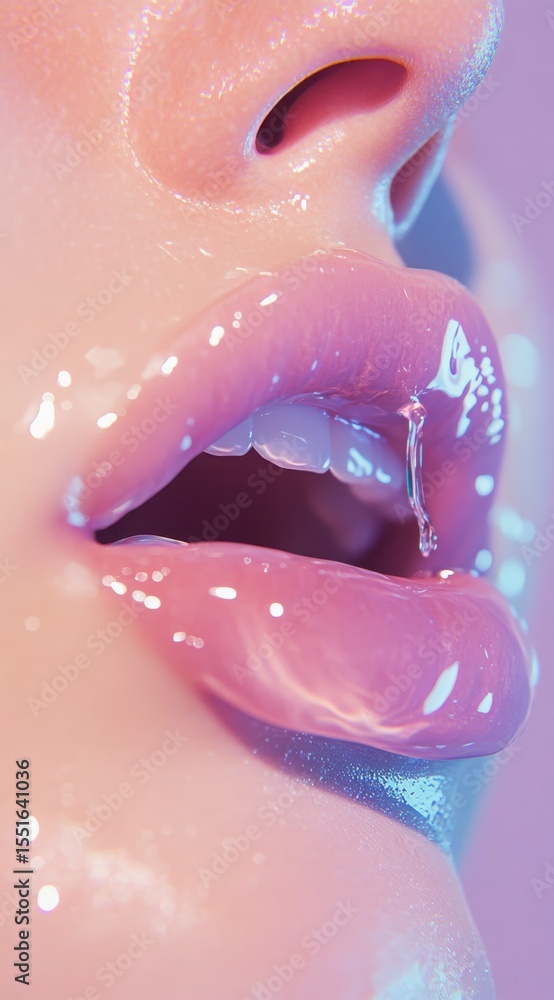 Fototapeta premium Close Up Of Glossy Pink Lips With Glitter And Soft Purple Lighting