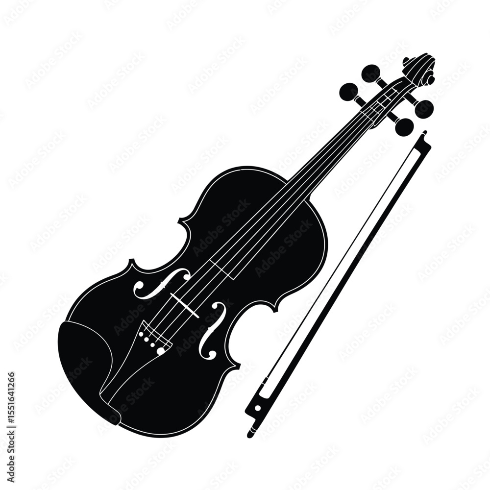 Obraz premium Black and White Silhouette of a Violin with Bow Isolated on White