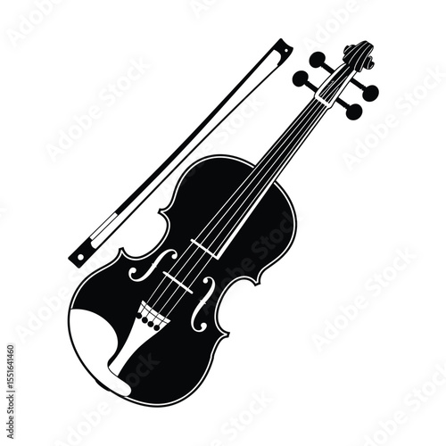 Elegant Violin and Bow Illustration in Black and White for Musical Designs
