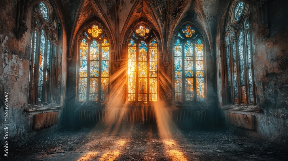 Sunlight beams through stained glass windows in a dilapidated cathedral room. Use to convey themes of decay, hope, history, and architectural beauty. Sunlight beams through stained glass windows in a dilapidated cathedral room. Use to convey themes of decay, hope, history, and architectural beauty.