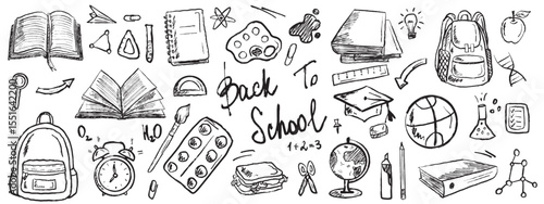 Back to school concept. 1st September. Stationery equipment in black brush stroke texture isolated on white. Hand drawn vector sketch illustration in vintage charcoal ink. Books, backpack