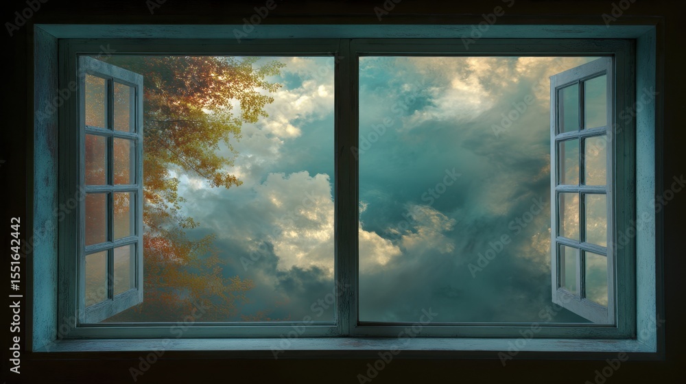 Fototapeta premium Surreal Window View April Sky, Clouds, and Autumn Leaves