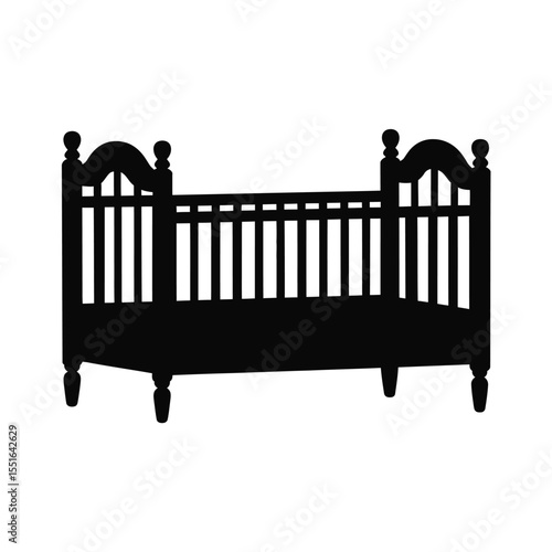 Silhouette of a classic baby crib with spindles and rounded posts design