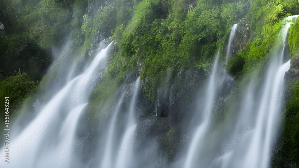 Fototapeta premium A fresh spring waterfall descends over rocks in a beautiful forest