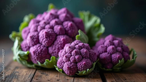 Purple cauliflower on the wooden board. 