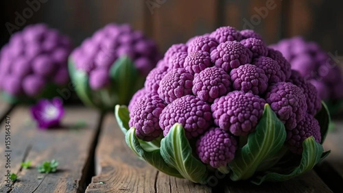 Purple cauliflower on the wooden board. 