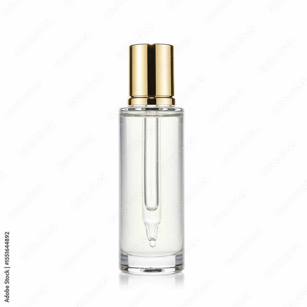 Naklejka premium Elegant transparent perfume spray bottle with gold cap on white background, luxury fragrance container for branding, beauty product mockup, cosmetics advertising or gift concept