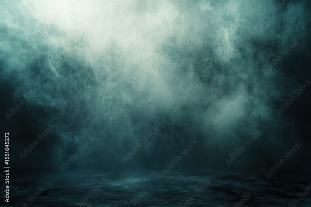 Fototapeta premium Dramatic teal smoke swirls down to a dim, textured floor surface. This is a great backdrop for moody portraits or graphic designs.