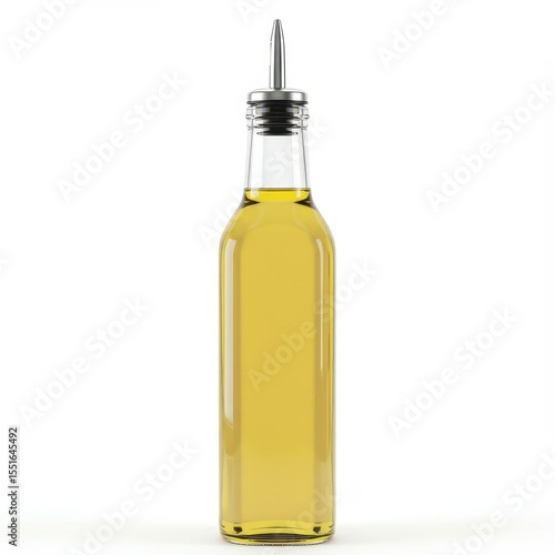 Olive oil bottle with metal pour spout isolated on white background, glass container for cooking oil, culinary branding, healthy food concept or kitchen accessory visuals