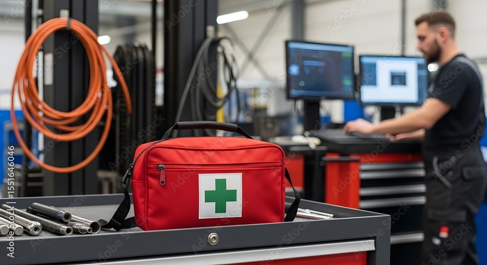 Fototapeta premium First Aid Kit on a Toolbox with Medical Equipment in a Workshop with a Technician Working