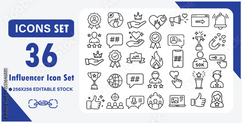 Influencer icon set. Containing follower, social media, promotion, passion, blogging, influence, content, community, marketing, ambassador and more. Editable line icons. Vector illustration.
