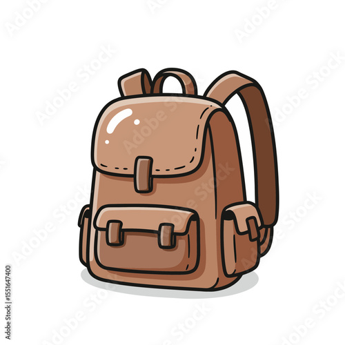 Hand drawn cartoon doodle style vector illustration of a classic brown fabric backpack on a clean white background perfect for school travel adventure or daily journey